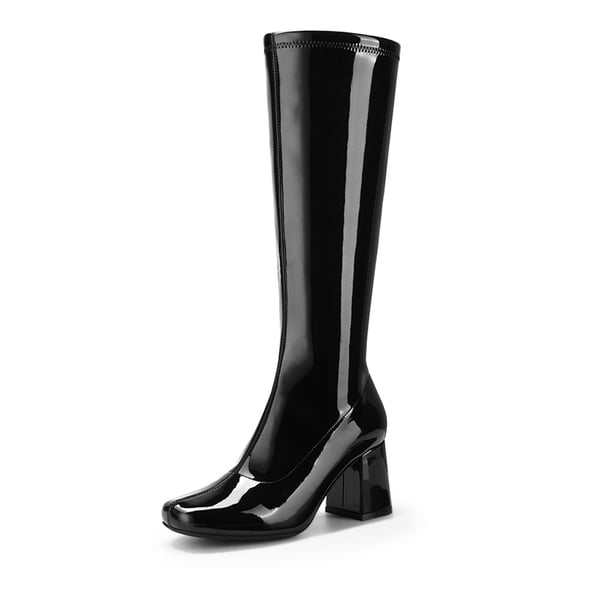 Desire Square Toe Chunky Knee High Gogo Boots - BLACK PATENT PU -  0